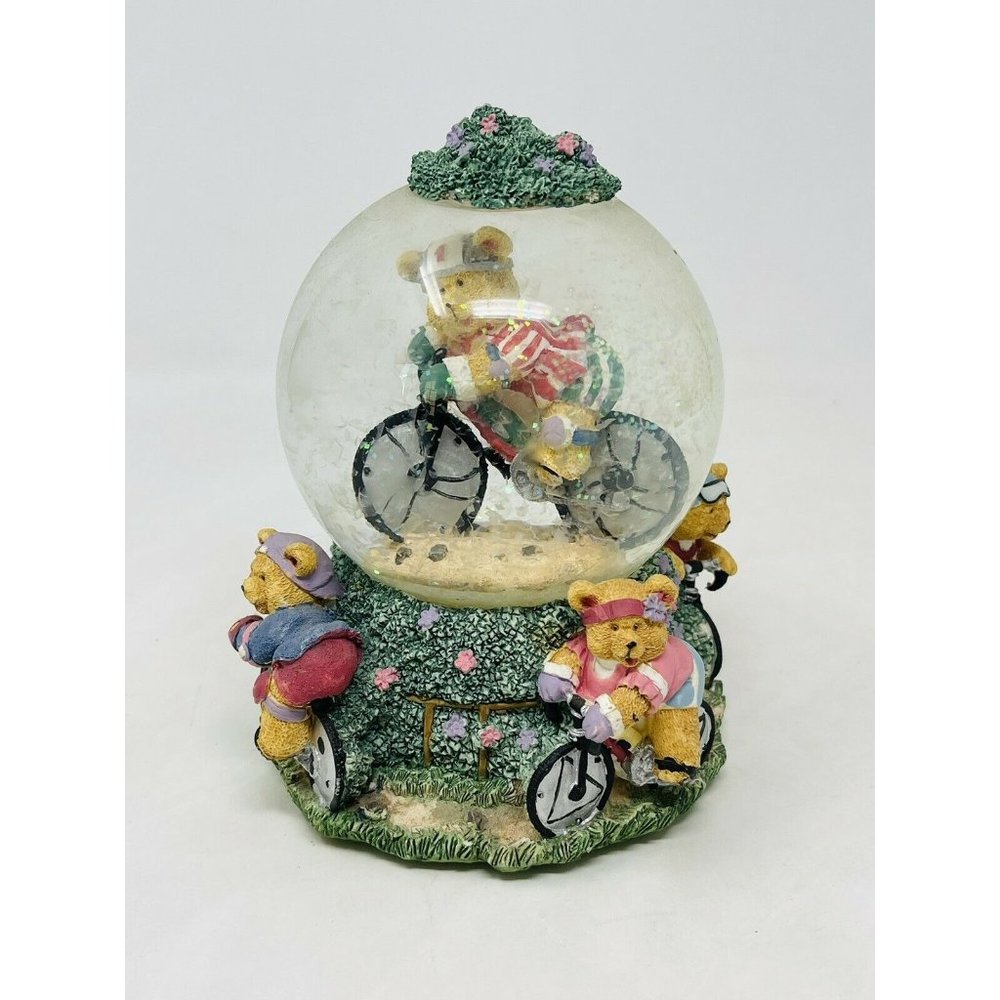 Bicycling Teddy Bear Ceramic Snow Globe Music Box Bike Bicycle